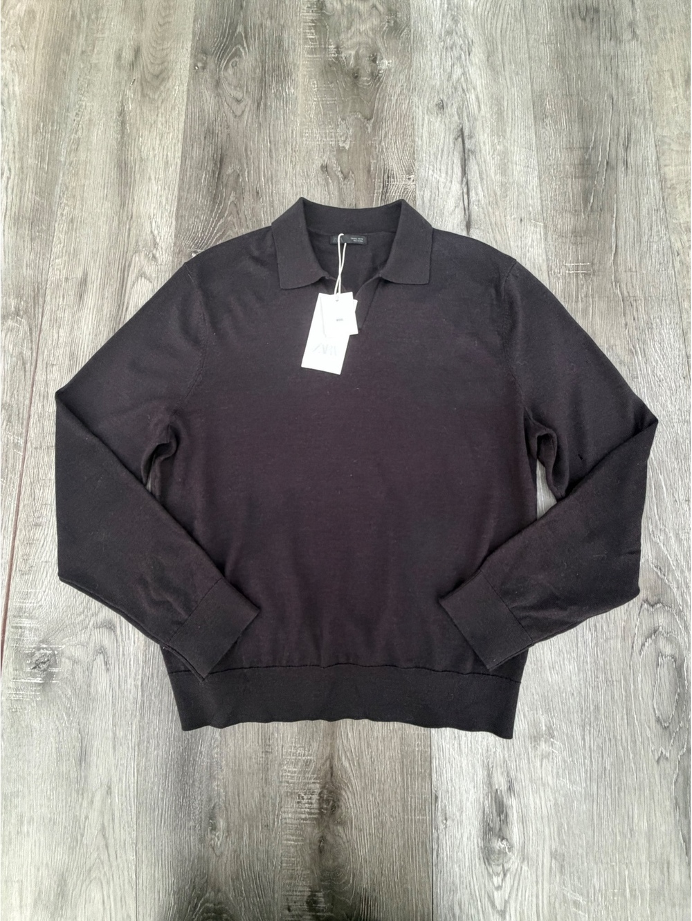 Zara men’s black long-sleeve wool fine-knit polo sweater size L